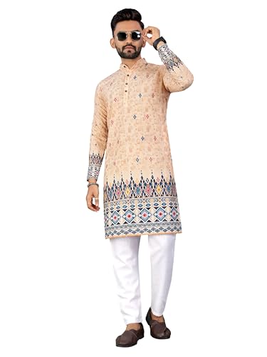 KRIJET Yellow Floral Printed Kurta for Men | Soft Rayon Full Sleeve Designer Kurta with Crochet Work & Mandarin Collar | Wedding, Haldi, Sangeet, Ethnic Set