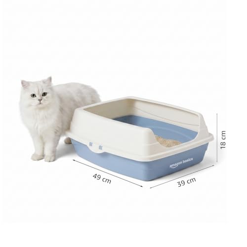 Image of Amazon Basics Premium Cat Litter Tray | Sapcious Open Entry Cat Litter Box | Easy Access & Cleaning Design | Blue + White | 49 x 39 x 18 cm | Suitable for Kittens & Cats