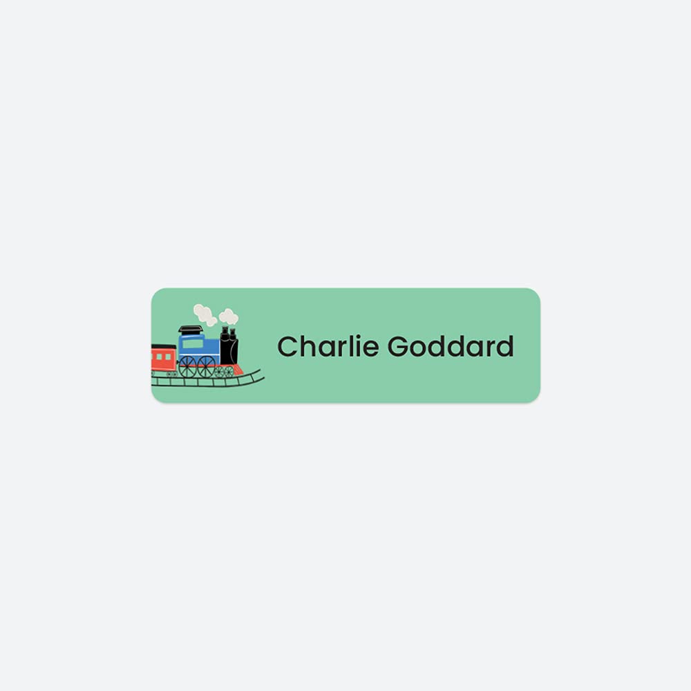 64 x No Iron Personalised Stick On Waterproof Washable Name Labels Great for Clothes, School Uniform, Equipment, Shoes and Much More. School, Nursery, Day Care, Hospital - Train Track