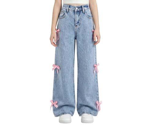 Jiquruby Girls Jeans Size 10-12 High Waisted Baggy Bow Denim Pants Wide Leg Casual Fashion Streetwear 12-13 Years