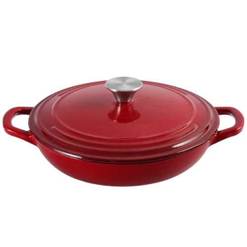 Flavehc Braiser Enameled Cast Iron Braiser 3 qt Braiser Pan with Lid Red Shallow Cast Iron Casserole Braiser Pan with Handels