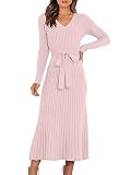 ANRABESS Womens Long Sleeve Dress V Neck A-line Tie Waist Ribbed Knit Bodycon 2025 Fall Midi Sweater Dresses White 01 Medium