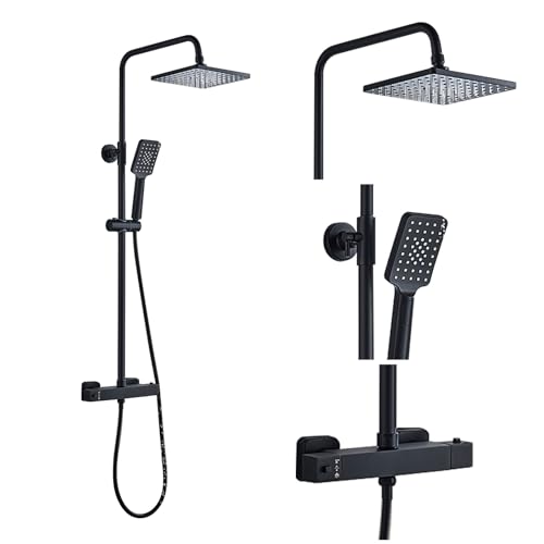 Thermostatic Shower Mixer Set Black, ROWINNAO 21cm Square Overhead Rainfall Shower Head, 3 Jet Types Handheld Shower, Height Adjustable Shower Set, Thermostatic Shower System Anti-Scalding