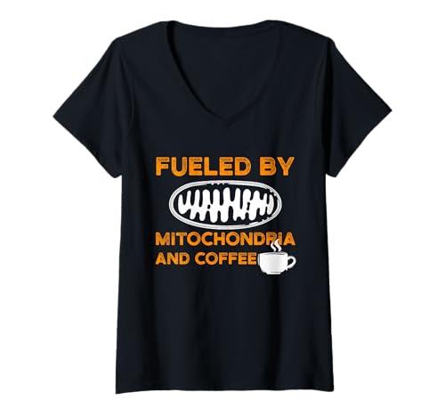 Femme Alimenté par Les mitochondries et Le café, Funny Science Nerd T-Shirt avec Col en V