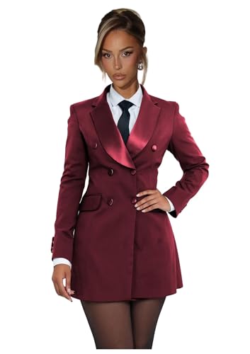 UpQuire Burgundy Blazer Dress Sexy Elegant V Neck Jacket Dresses Long Sleeve Double Breasted Jacket Dresses Size XL-Large