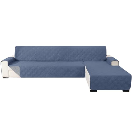 Ystyle Funda Sofa Chaise Long 3 Plazas Reversible, Universal Cubre Sofa L, Funda De Sofa Chaise Longue Izquierdo/Derecho, Protector Sofa Antiarañazos Lavable (255cm, Azul Gris + Gris Claro)