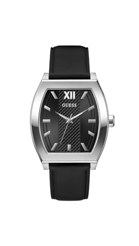 GUESS Montre analogique en cuir argenté et noir, Argenté, one, Moderne