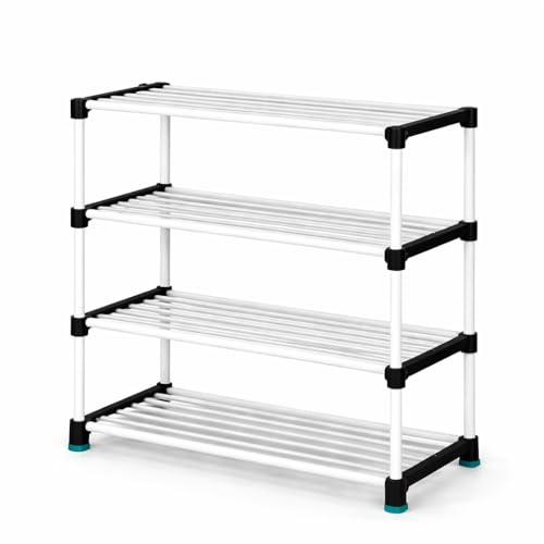 Image of PLX 4 Tier Plastic Shoe Rack for Home, Stackable Shoe Organizer Shelf Stand, Space Saving Footwear Storage Rack for Bedroom, Closet & Entryway, White