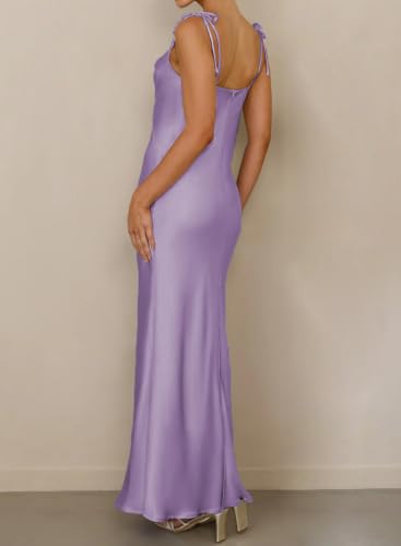 Image of 2026 Satin Cowl Neck Spaghetti Strap Maxi Dress for Women Bridesmaid | Silk,Tie Strap,Slip,Slit,Midi,Wedding Guest,Graduation,Elegant,Cocktail,Vacation,Party