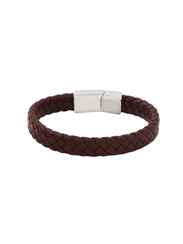 Yellow Chimes Brown Silver Genuine Leather Stainless Steel Handcrafted Braided Magnetic-Clasp Wra Wrist Band Bracelet Men and Boys