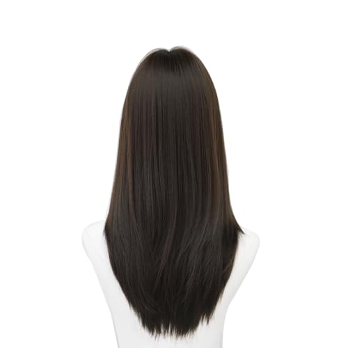 URCGTSA 22 Inches long Hair for Women Black Synthetic Hair Natural Long Straight Wig With Curtain Bangs Party Cosplay Wig for Girl (Black Tea)