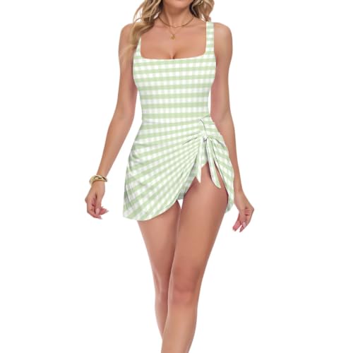 Maillot de bain femme une pièce vert motif carreaux natation été réglable