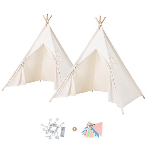 Image of Sumbababy 2 Pack Teepee Tent for Kids Indoor Play Tent with Lights & Colorful Flags, Natural Canvas Sleepover Tents for Girls Party Washable & Foldable Slumber Party Tents