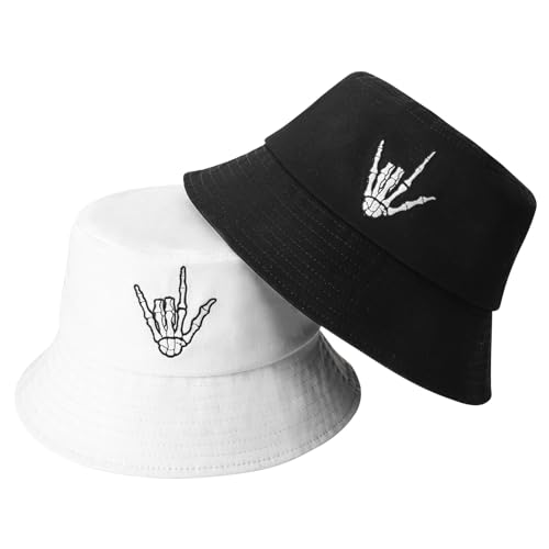 Image of 2 Pack Skull Bucket Hat for Men Women, Cotton Skeleton Hand Fisherman Hat, Foldable Black White Summer Travel Sun Hat
