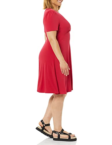 Image of Amazon Essentials Women's Short Sleeve V-Neck Gathered Flattering Fit and Flare Dress