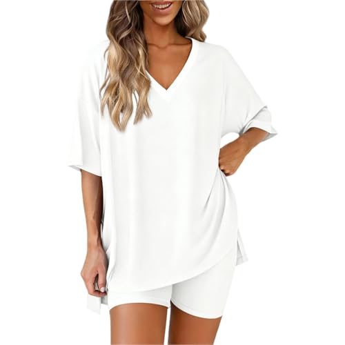 T-shirt oversize col en V et cycliste pour femme ensemble 2 pièces tenue été loungewear