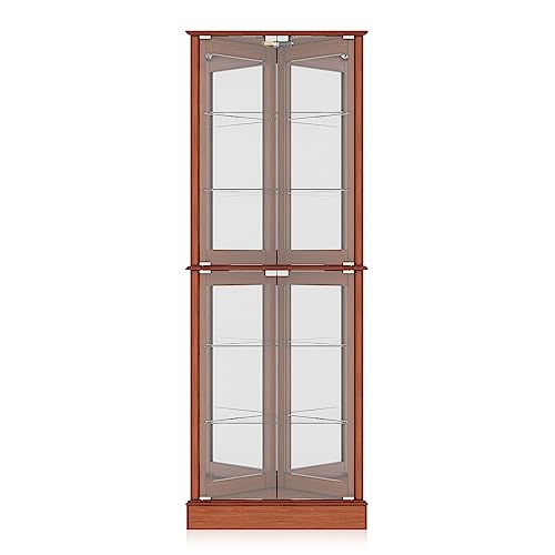 Image of BELLEZE Lighted Corner Display Curio Cabinet Wooden Shelving Unit with Tempered Glass Door, Bar and Liquor Storage Area with 6 Shelves - Woody (Oak)