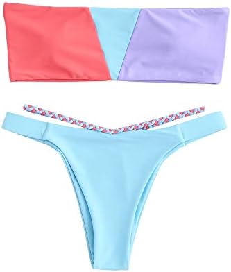 ZAFUL Colorblock Bandeau Bikini for Women Strapless Bathing Suits Braided Strap Bikini 2 Piece Swimwear(5-Light Blue,S)