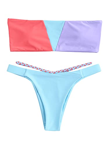 Zaful Colorblock Bandeau Bikini For Women Strapless Bathing Suits Braided Strap Bikini 2 Piece Swimwear(5-Light Blue,S) #TOP25