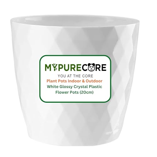 MYPURECORE Plant Pots Indoor 20cm – Stylish Decorative Plastic Flower Pot with Glossy Crystal Surface – Durable Indoor & Outdoor Planter for House Plants, Herbs (White, 20 cm)