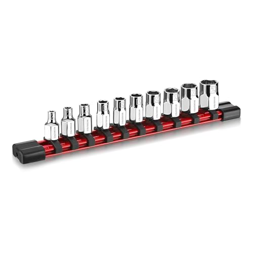 Image of WORKPRO 1 /4 inch Drive Socket Set, 10-Piece SAE Cr-V Socket Set with Organizer | Standard & Shallow Sockets, External Hex Socket, 5 /32 inch to 9 /16 inch, 6-Point, Size Markings, PVC Socket Rail, for Auto Repairs