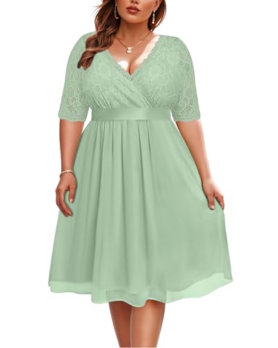 Pinup Fashion Übergröße, Spitze, Chiffon, Wickelkleid, V-Ausschnitt, Cocktailkleid, Hochzeitsgäste, Midi-Kleid, Salbeigrün, 44 Mehr