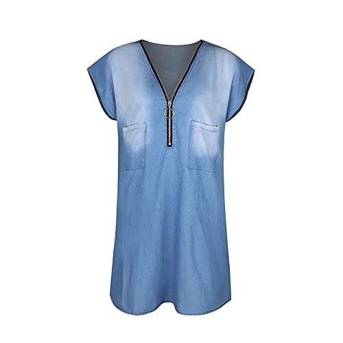 Women's Denim Dress Summer Elegant Casual Loose V-Neck Zip Solid Color Short Sleeve Mini Dress (Blue, Xxl) #TOP1