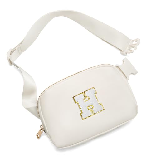 Gitus Birthday Gifts for 8 9 10 11 12 13 Year Old Girls Personalized Fanny Pack Crossbody Bags with Initial Letter Patch Belt Bag for Teen Girls Cute Trendy Stuff Travel Essentials (Ivory-H)
