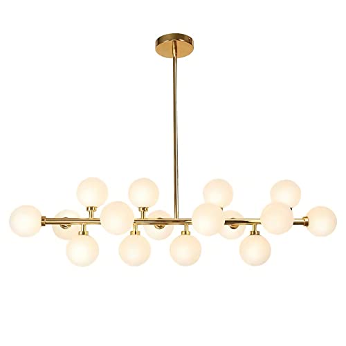 Chandelier Spoutnik 16 lumières en verre givré blanc et structure dorée pour îlot de cuisine