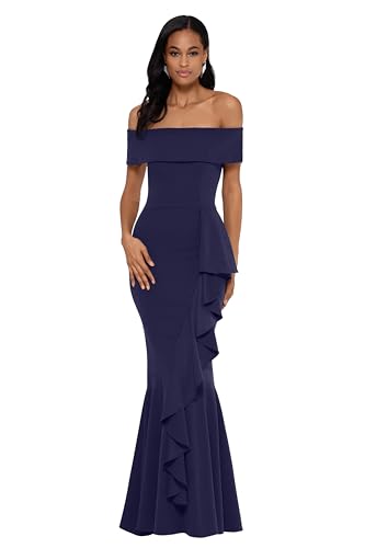Image of Betsy & Adam Women's Women's Long Off Shoulder Cascade Ruffle Stetch Scuba Crepe Gown
