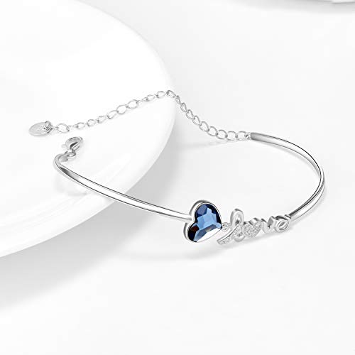 Aoboco I Love You Jewelry Sterling Silver Love Heart Bangle Bracelet For Women, Blue Crystal From Austria, White Gold Plated, Anniversary Birthday Jewelry Gifts For Wife Girlfriend Daughter #TOP1