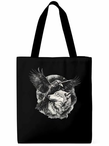 Canvas Tote Bag, Vintage Wolf Crow Print Aesthetic Canvas Tote Handbags for Women Shoulder Bag,