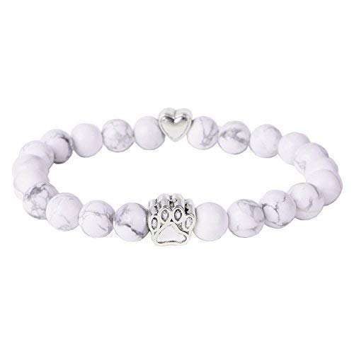 Mainbead Energy Bracelet With Dog Paw Blue Agate Beads Stretch Sapphire Bead Bracelet (White)
