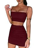 BEAGIMEG Women's Ruched Cami Crop Top Bodycon Skirt 2 Piece Outfits Dress Burgundy