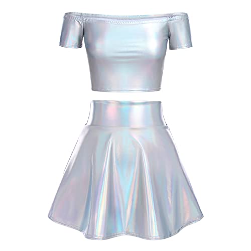 Jupe plissée et crop top argent métallisé style alien sexy