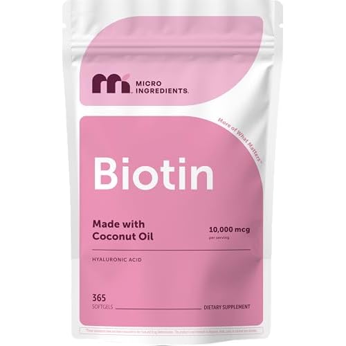 Micro Ingredients Biotin 10,000 mcg with Hyaluronic Acid 25 mg Per Serving | Made with Coconut Oil | 365 Softgels | 1 Per Day | One Year Supply | Non-