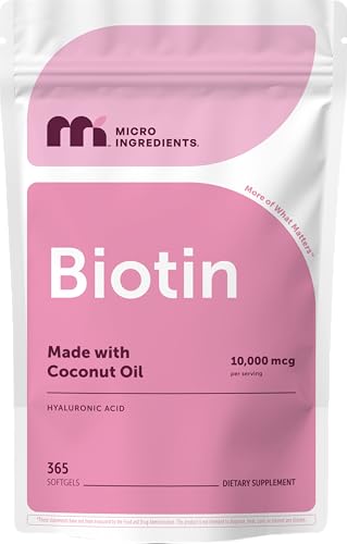 Image of Micro Ingredients Biotin 10,000 mcg with Hyaluronic Acid 25 mg Per Serving | Made with Coconut Oil | 365 Softgels | 1 Per Day | One Year Supply | Non-GMO & Gluten Free