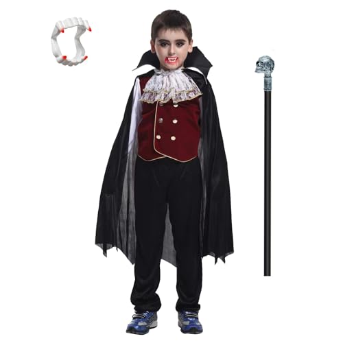 ZUCOS Costume d'Halloween de vampire pour garçon - Style gothique, classique, cosplay, avec dents de vampire et faucille (noir, 10-12 ans)