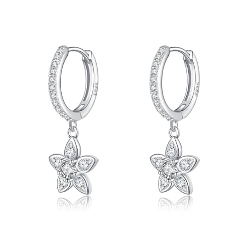 Reffeer Solid 925 Sterling Silver CZ Flower Earrings Dangle for Women Teen Girls Flower Drop Hoop Earrings Huggie