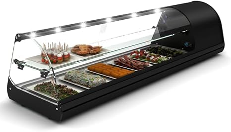 Vitrina de tapas WORLDMAI x SAYL, 144 x 40 cm, 2 Pisos y 6 cubetas GN 1/3 para hostelería. Vitrina expositora refrigerada profesional de sobremesa con iluminación LED, para bar y restaurante.