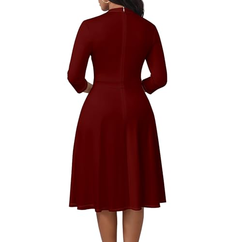 Image of PinkPatty Women's Semi Formal Midi Dresses 3 /4 Sleeve Solid Color Fit and Flare Dresses for Church Work Wine Red L