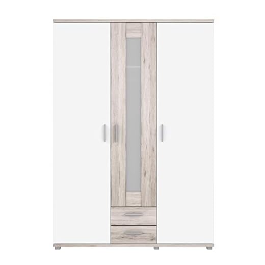 FORTE Beach Armario guardarropa con 2 puertas, 1 puerta de cristal y 2 cajones, material a base de madera, roble arena/blanco, 57,7 x 139,5 x 199,6 cm