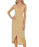 GRACE KARIN Damen Ärmellos Bodycon Neckholder Cocktailkleid Slim Fitted Wasserfallausschnitt Maxikleider für Abend Party Club Aprikose L