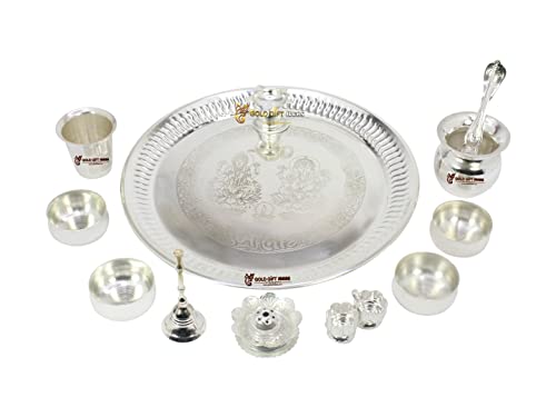 GoldGiftIdeas 12 Inch Premium Silver Plated Pooja Thali Set, Pooja Thali Decorative Plate, Wedding Gift