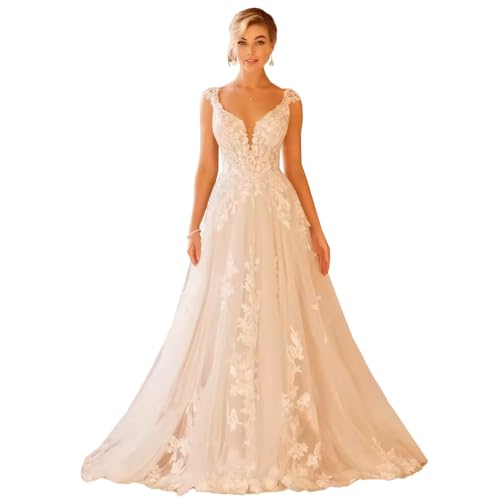 Tulle Wedding Dresses for Bride 2025 Sexy V Neck Long Bridal Dress for Women Lace Applique Ball Gown