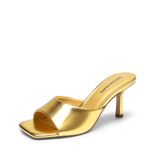 DREAM PAIRS Women's Kitten Heels Sandals – Square Toe Slip On Low Heels, Heeled Mules Footwear for Everyday, Dressy & Casual Occasions 6 Gold