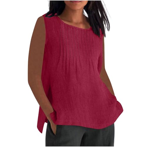 RLEHJN Musselin Tank Top Damen,Lang Trägertop Locker T-Shirt Lässige Baumwoll Leinen Tanktops Sommer Plissierte Ärmelloses Tunika Leichte Damen T-Shirt Strand Vest Blusentop Übergröße S-5XL