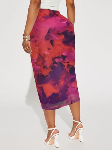 Women's Floral Print Mesh Long Skirt High Waisted Bodycon Pencil Maxi Skirts4