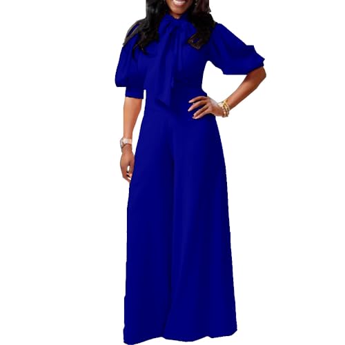Image of VERWIN Plain Dressy Full Length Bowknot Women's Jumpsuit High Waist Woman Romper XL Blue