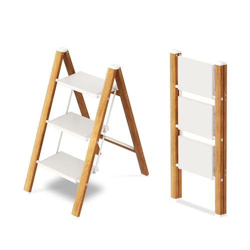 Taranta Escalera de 3 escalones, taburete plegable ligero de aluminio de 3 escalones con pedal ancho antideslizante, escalera de 330 libras de capacidad para el hogar, cocina, oficina, grano de madera